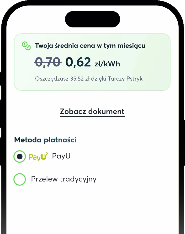 Ekran aplikacji Pstryk ze średnią ceną prądu w miesiącu obniżoną z 0,70 do 0,62 zł/kWh i oszczędnością 35,52 zł dzięki Tarczy Pstryk