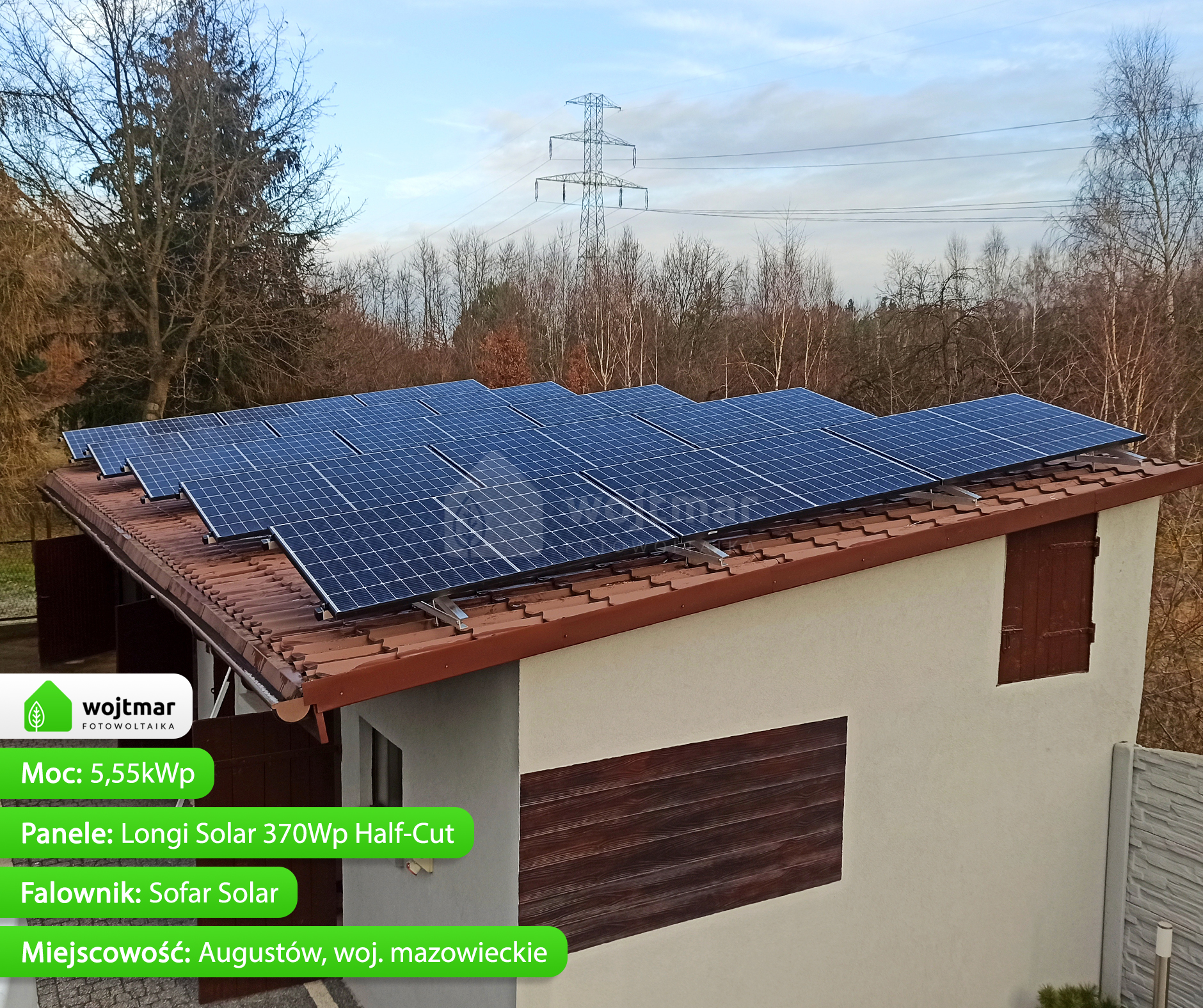 elektrownia słoneczna, montaż na dachu garażu, augustów, mazowieckie